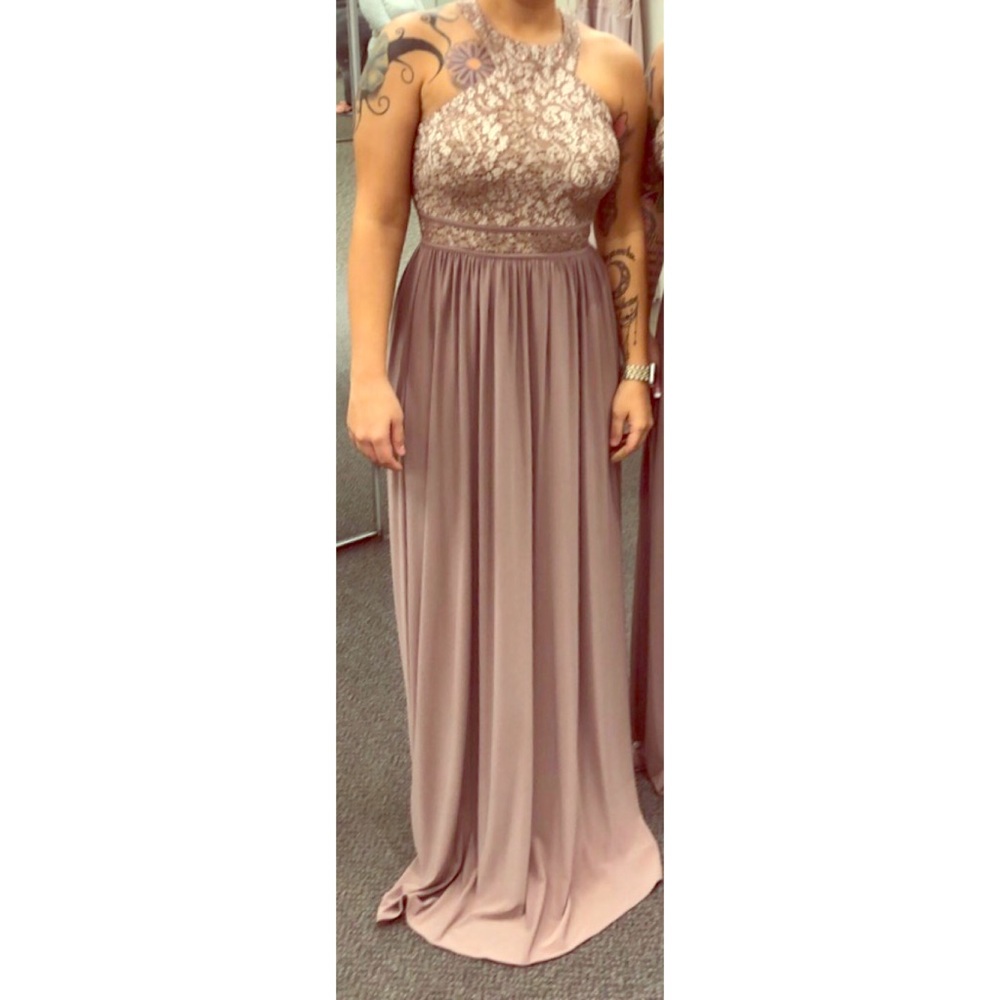 Round-Neck Lace and Jersey Halter A-Line Gown